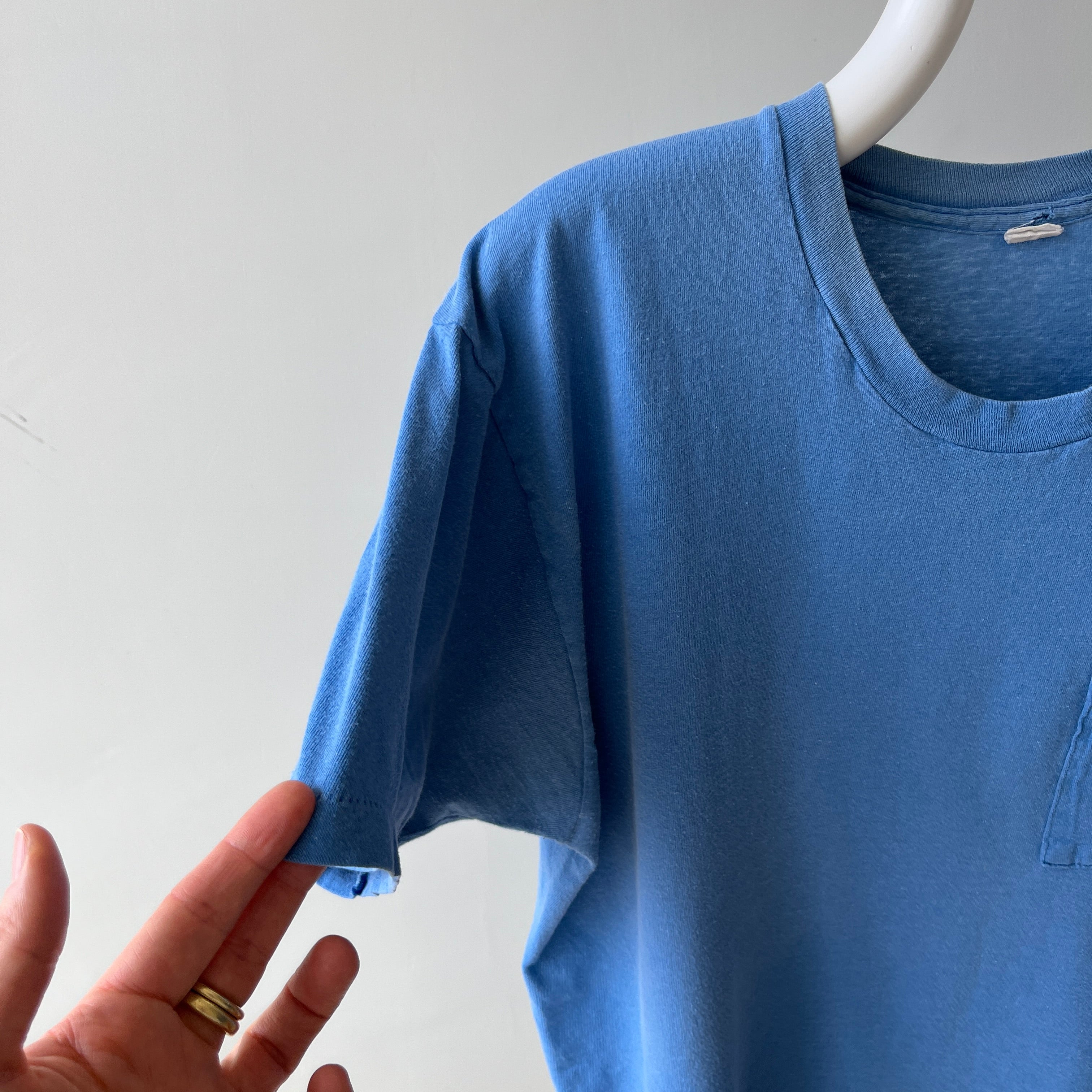 1980s Faded and Worn (SO COOL) Sky Blue Selvedge Pocket T-Shirt by FOTL