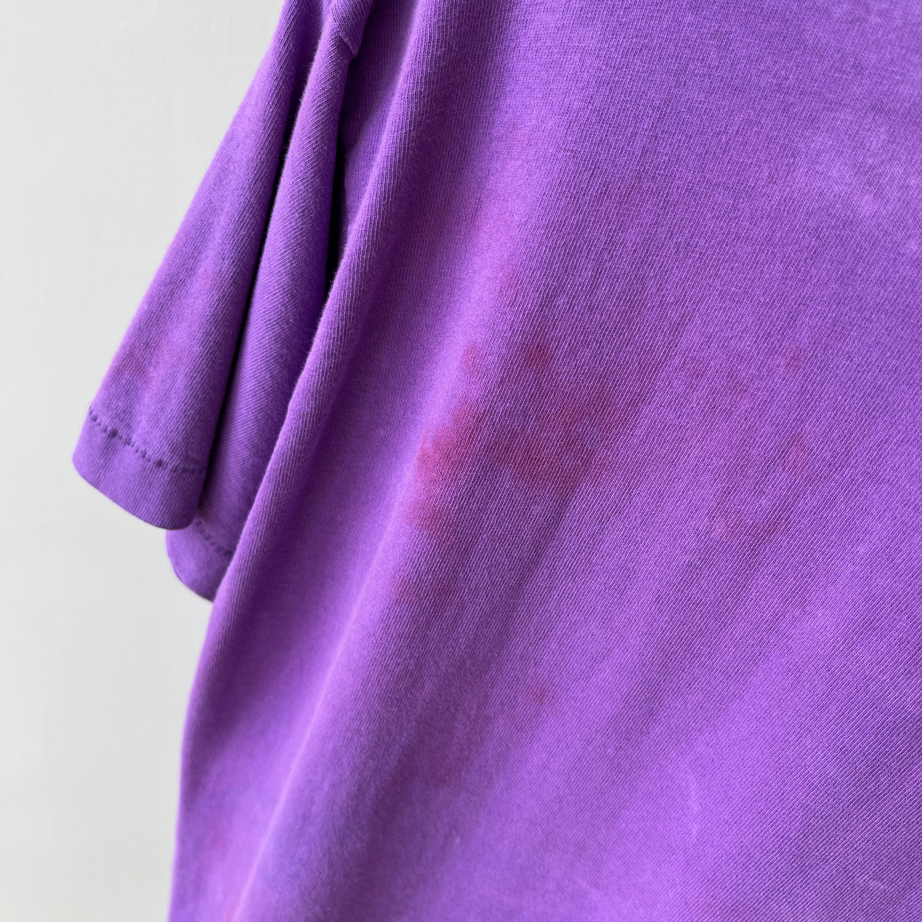 1980s Super Rad Sun Faded Bleached Out Worn Purple Selvedge Pocket T-Shirt