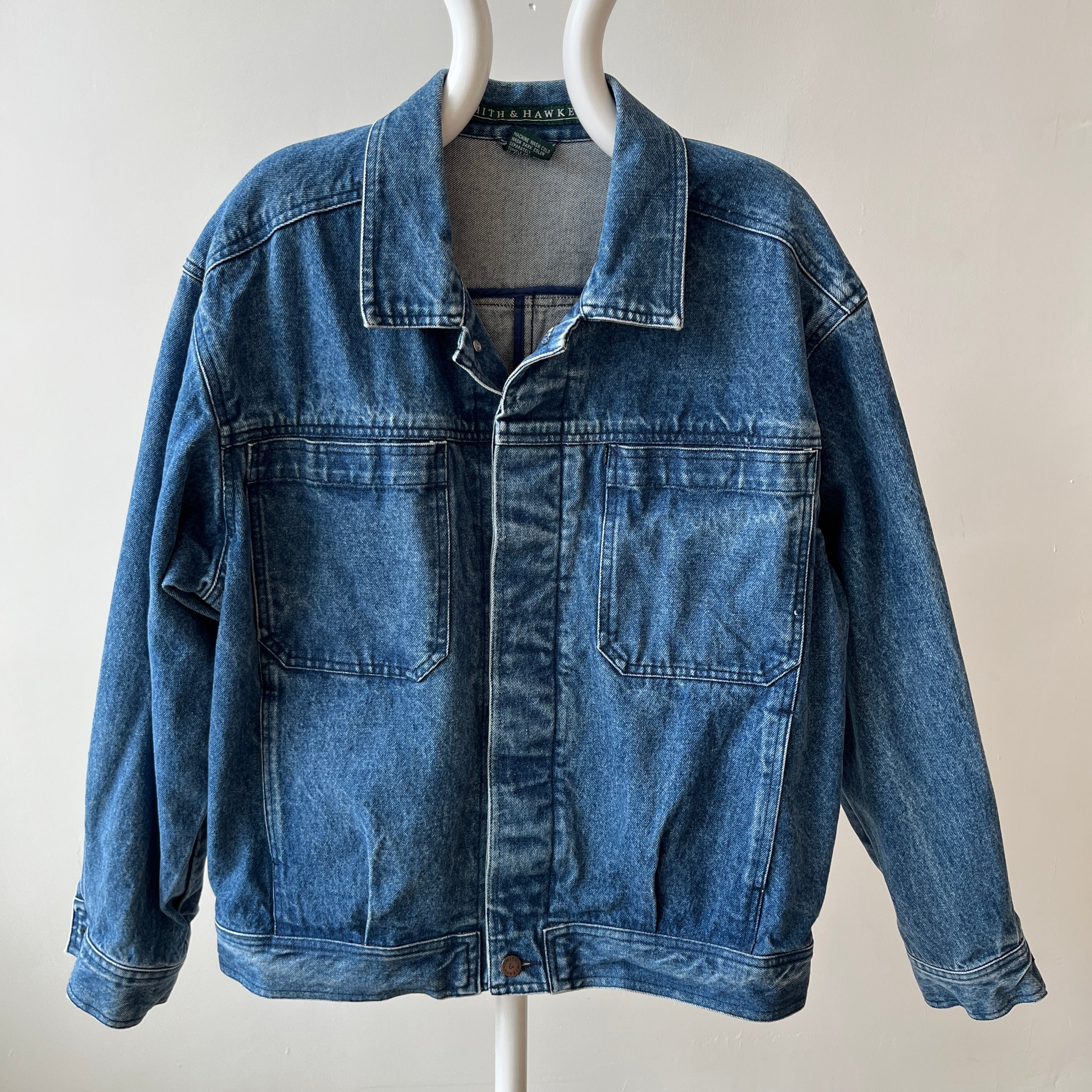 1990s Smith + Hawken Larger Pleated Denim Dad Jacket with Big Chest Pockets