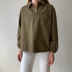 1970s HBT Olive Green Cotton Pullover Top with a Single Button