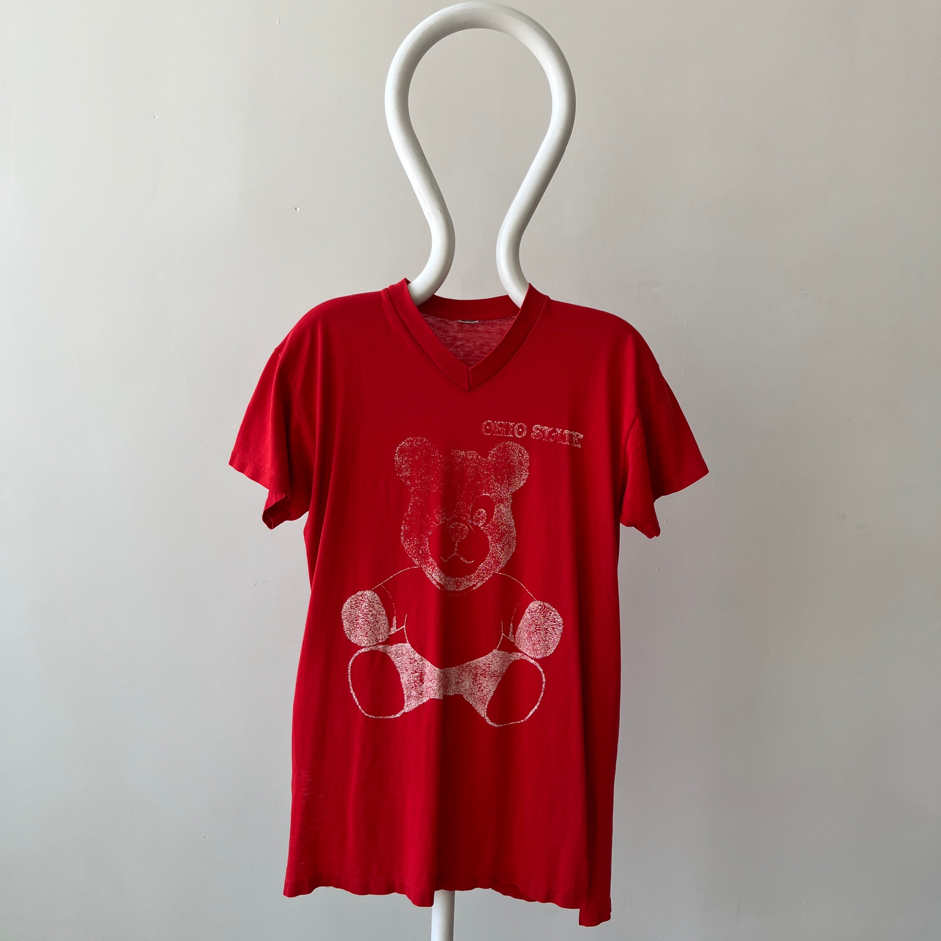 1980s Ohio State Teddy Bear V Neck T-Shirt - Very Faded, Soft and Slouchy