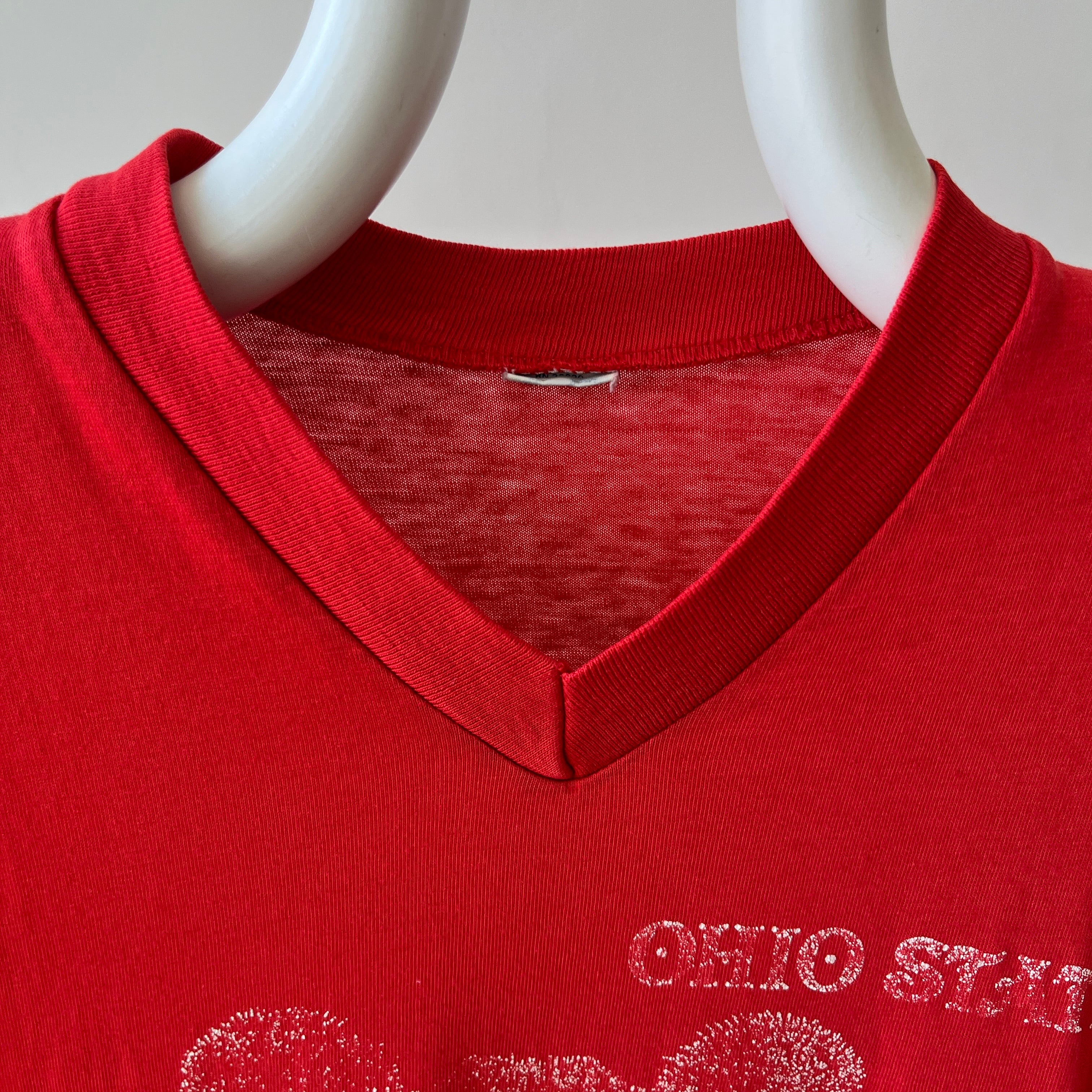 1980s Ohio State Teddy Bear V Neck T-Shirt - Very Faded, Soft and Slouchy