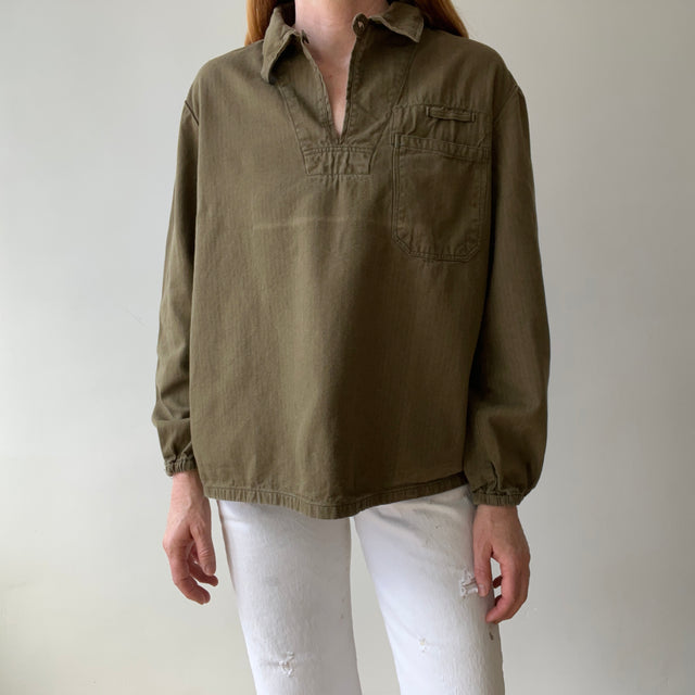 1970s HBT Olive Green Cotton Pullover Top with a Single Button