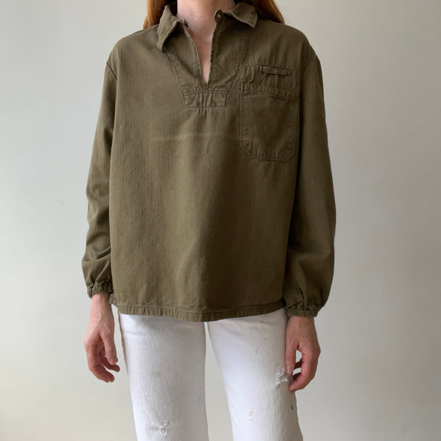 1970s HBT Olive Green Cotton Pullover Top with a Single Button