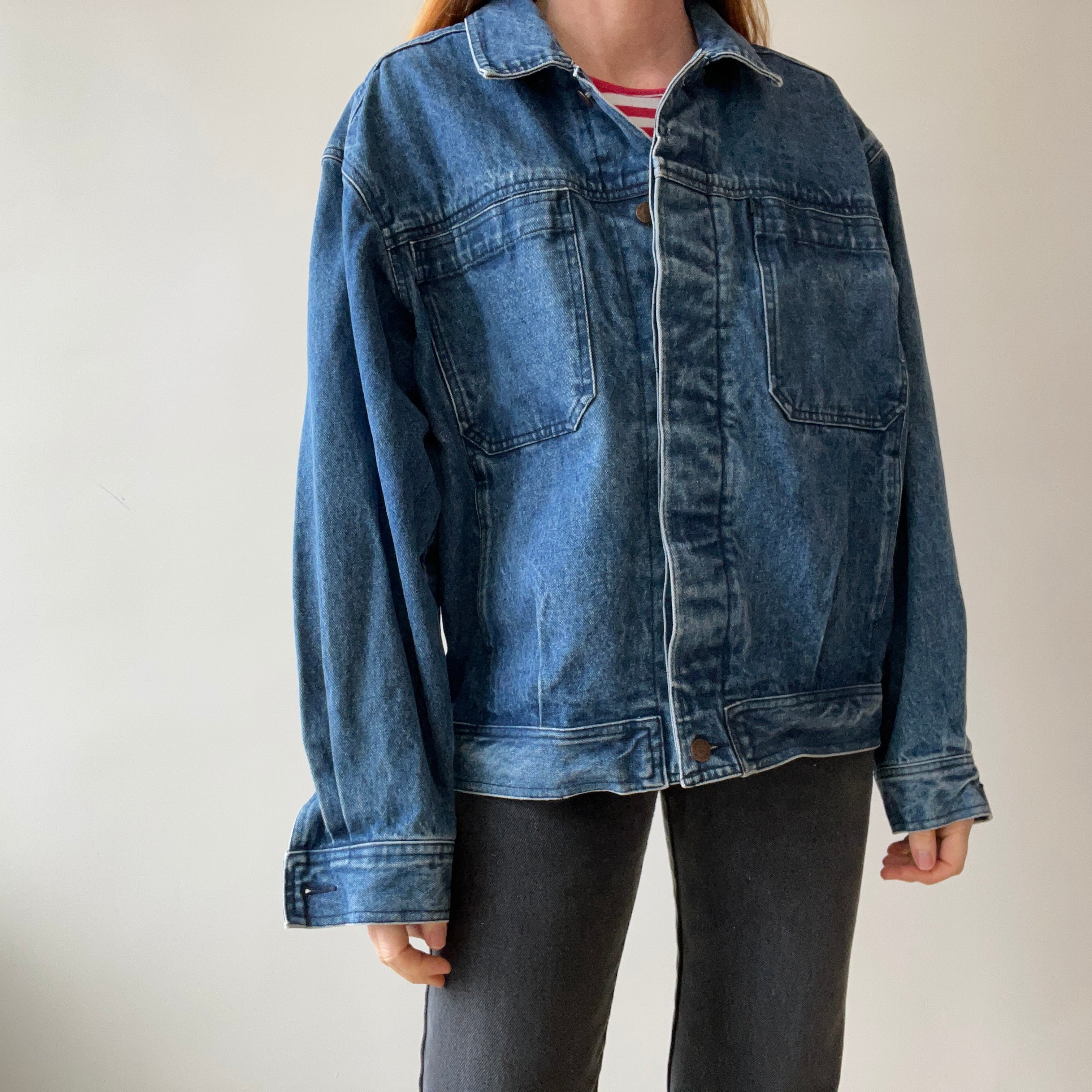1990s Smith + Hawken Larger Pleated Denim Dad Jacket with Big Chest Pockets
