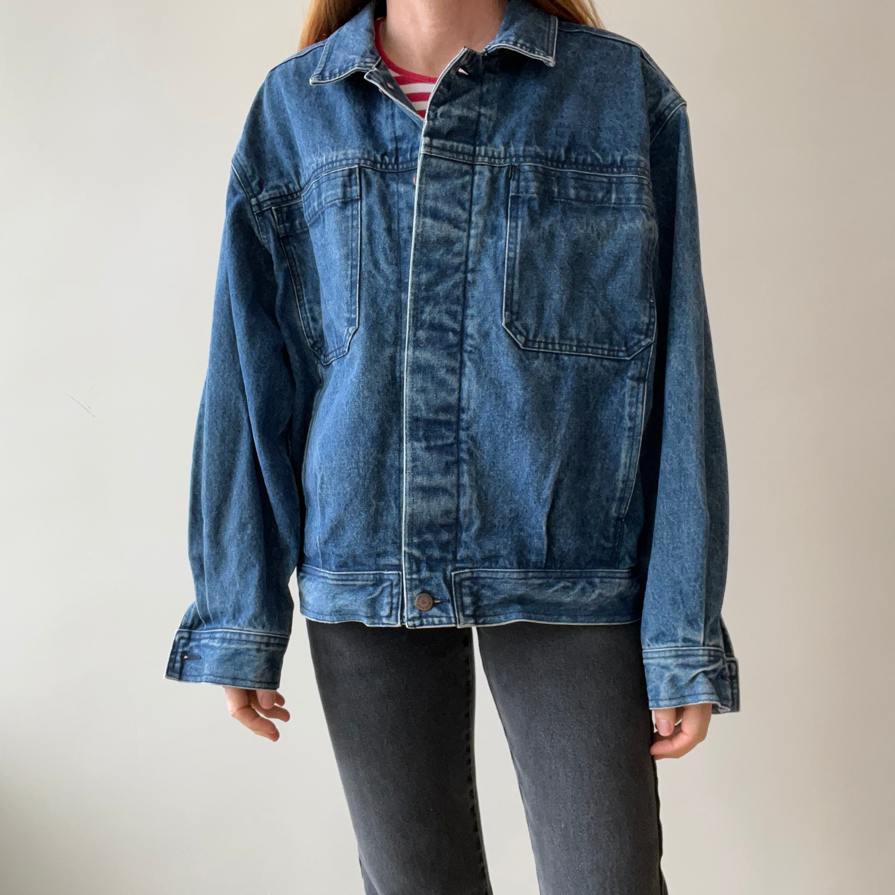 1990s Smith + Hawken Larger Pleated Denim Dad Jacket with Big Chest Pockets