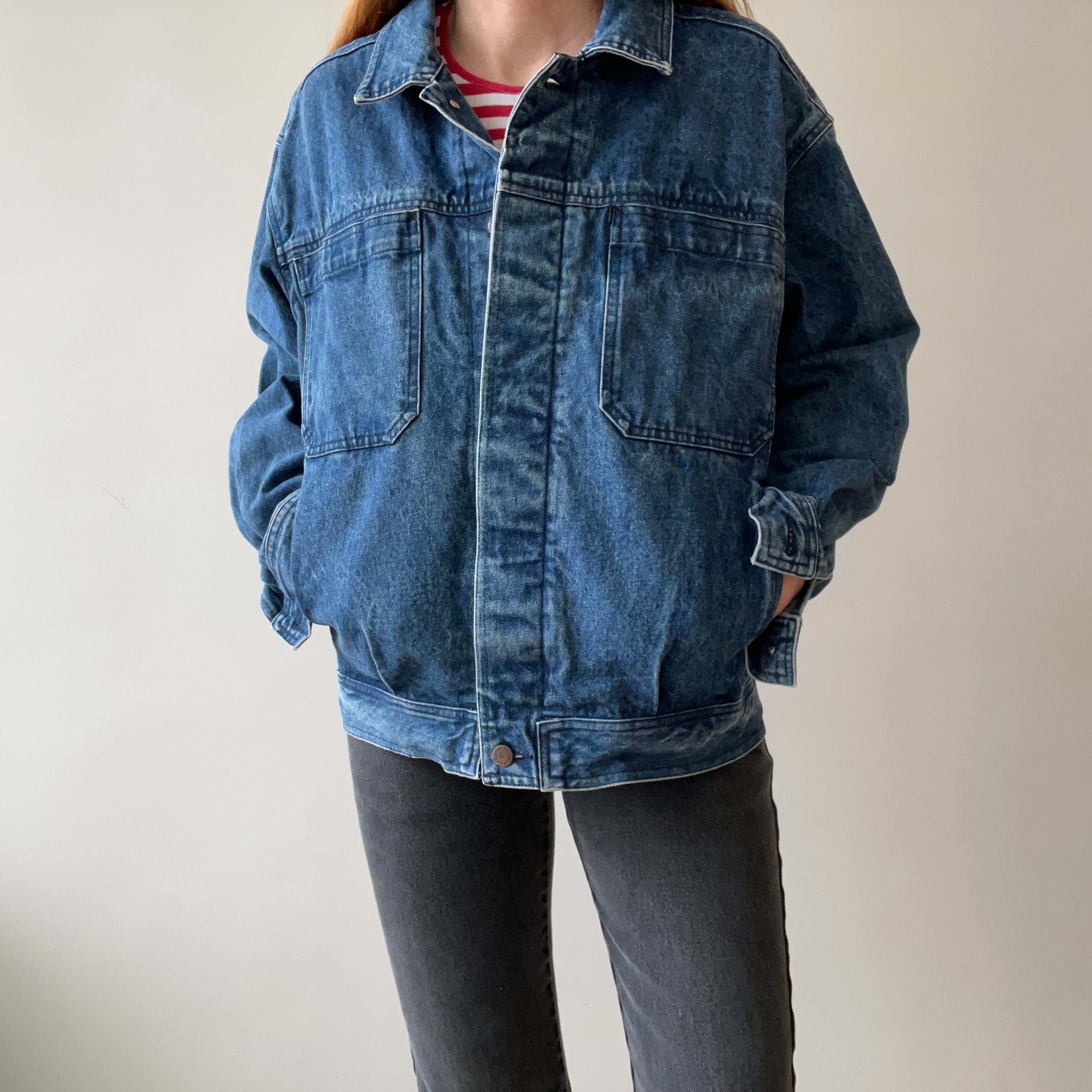 1990s Smith + Hawken Larger Pleated Denim Dad Jacket with Big Chest Pockets