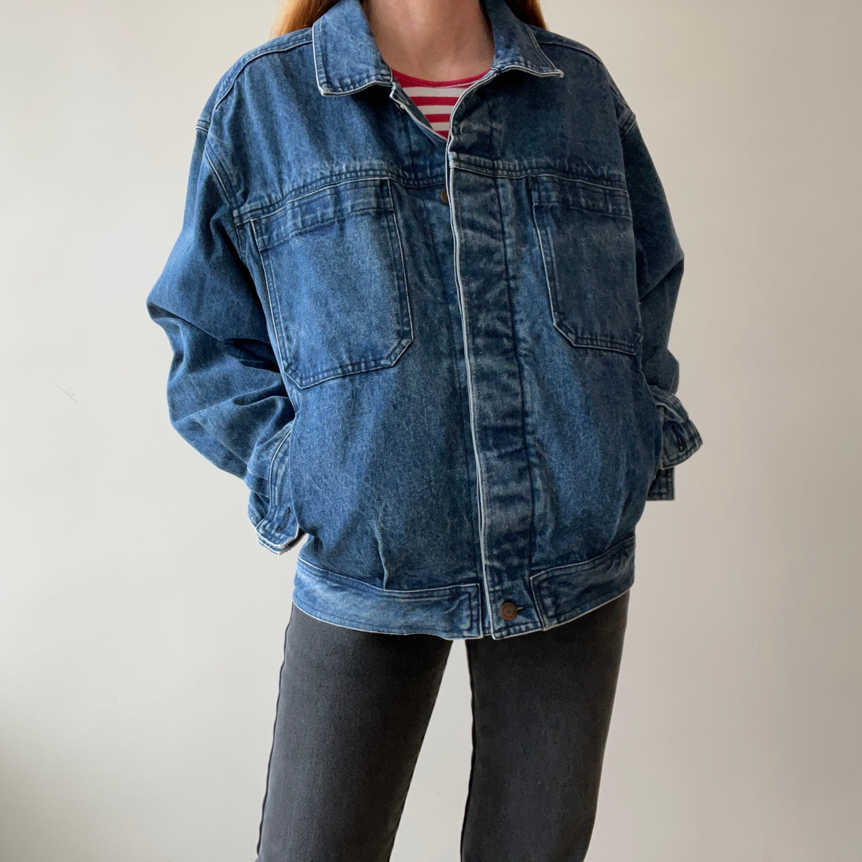 1990s Smith + Hawken Larger Pleated Denim Dad Jacket with Big Chest Pockets