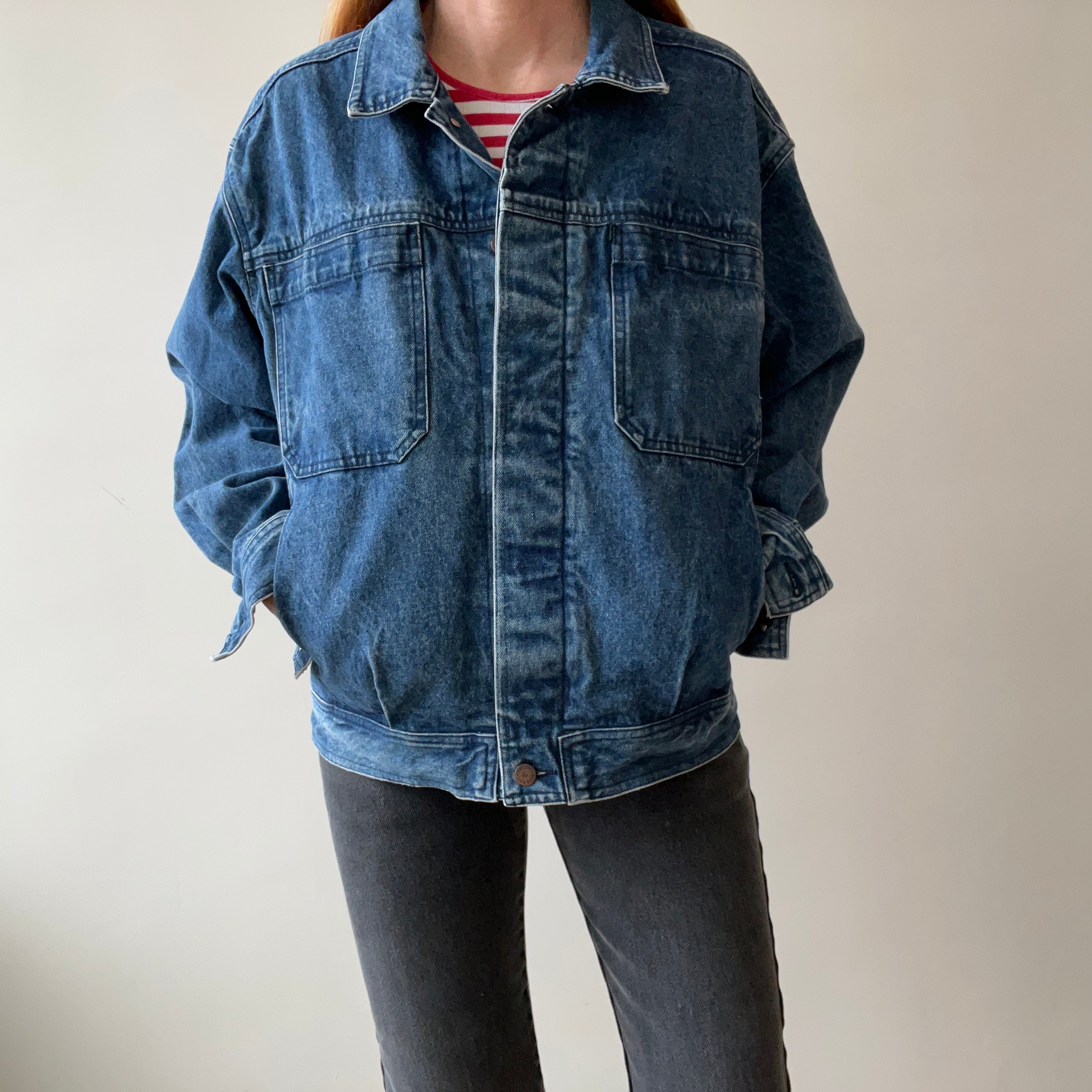 1990s Smith + Hawken Larger Pleated Denim Dad Jacket with Big Chest Pockets