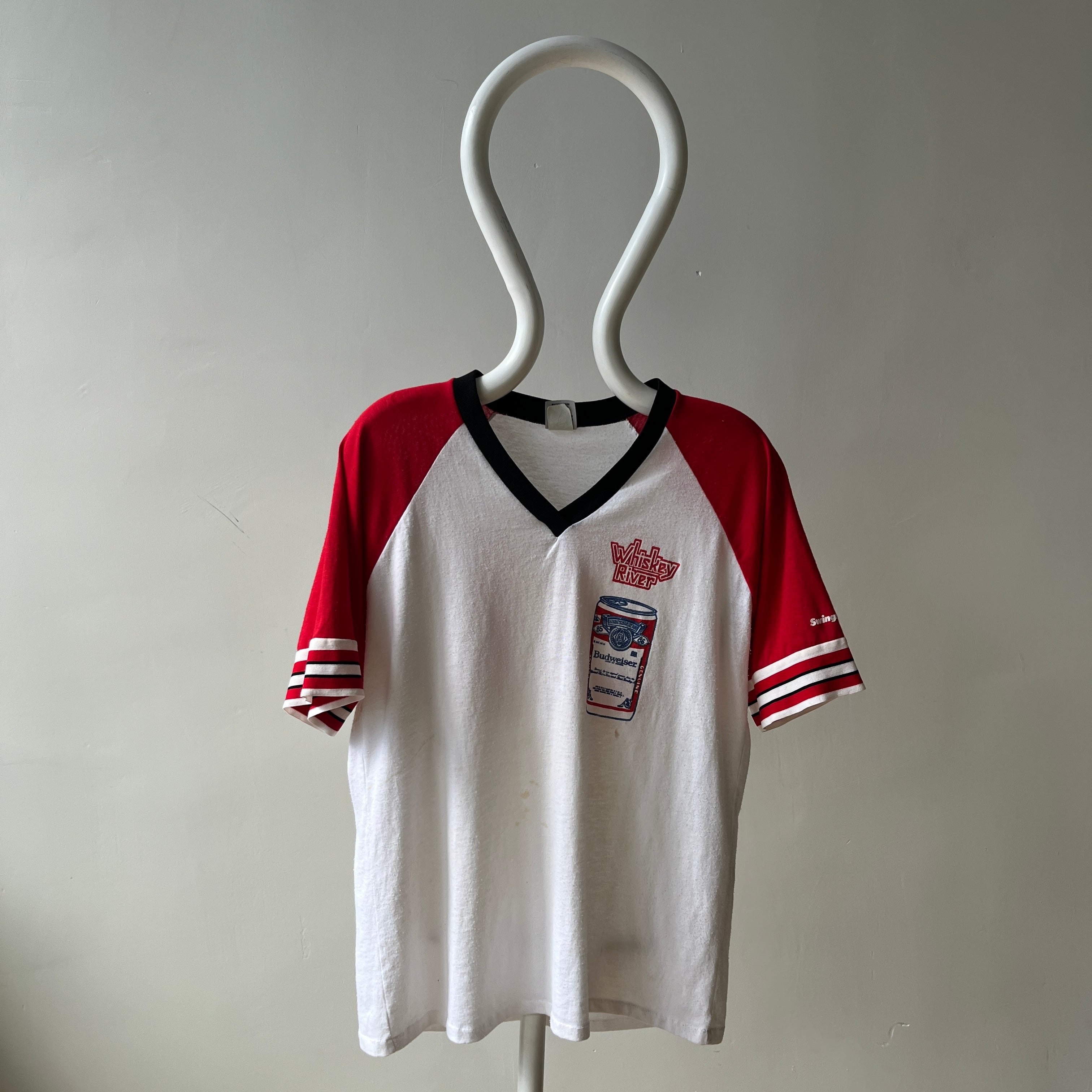 1985 - 1986 Whiskey River Bud Short Sleeve Two Tone Baseball T-Shirt - Staining and Wear