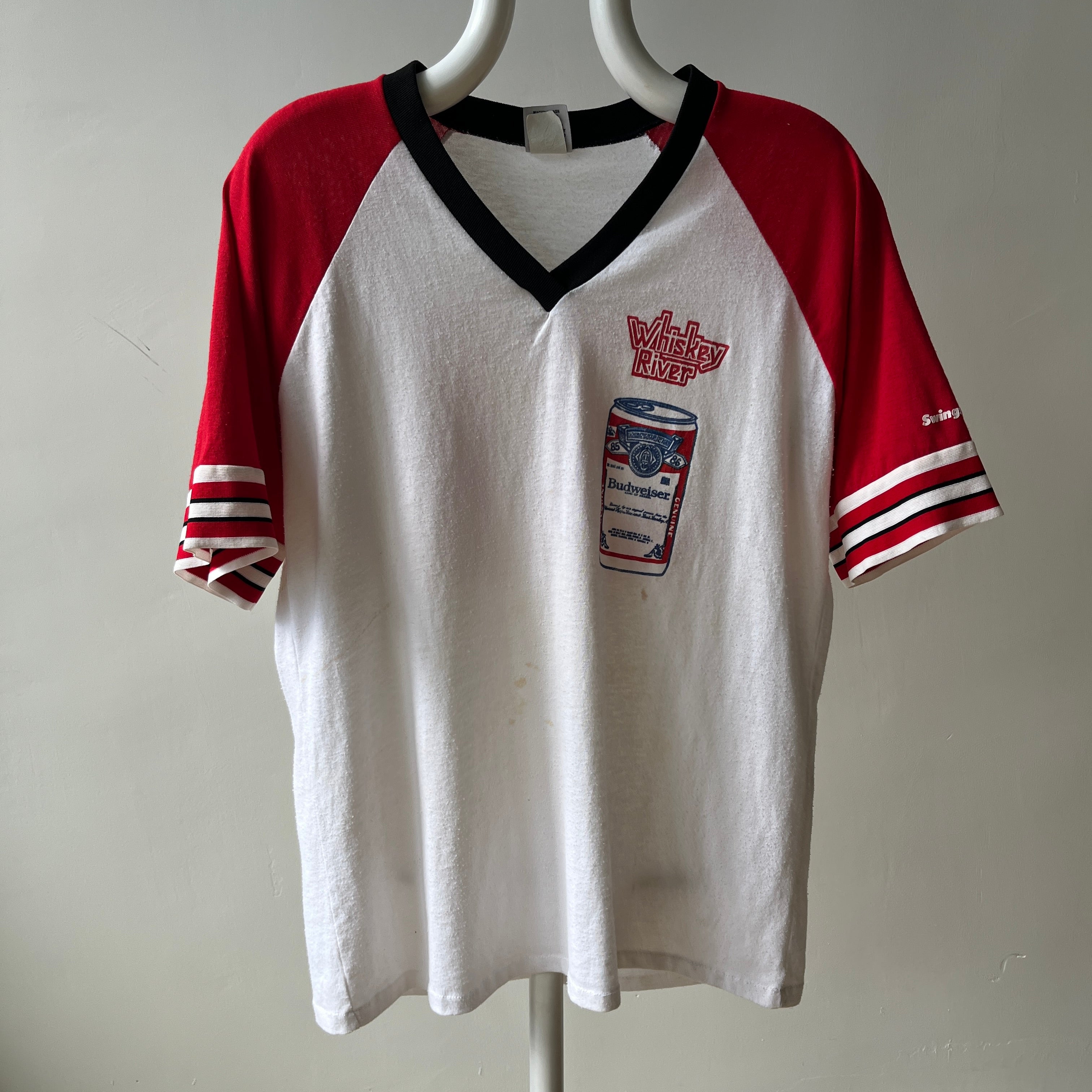 1985 - 1986 Whiskey River Bud Short Sleeve Two Tone Baseball T-Shirt - Staining and Wear