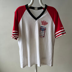 1985 - 1986 Whiskey River Bud Short Sleeve Two Tone Baseball T-Shirt - Staining and Wear