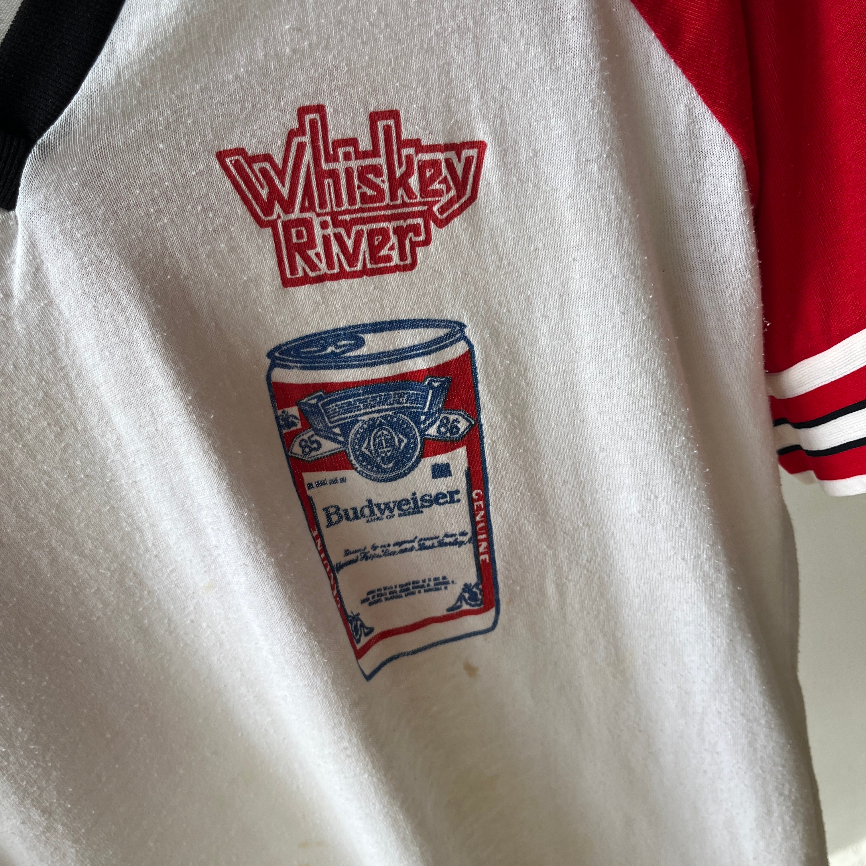 1985 - 1986 Whiskey River Bud Short Sleeve Two Tone Baseball T-Shirt - Staining and Wear