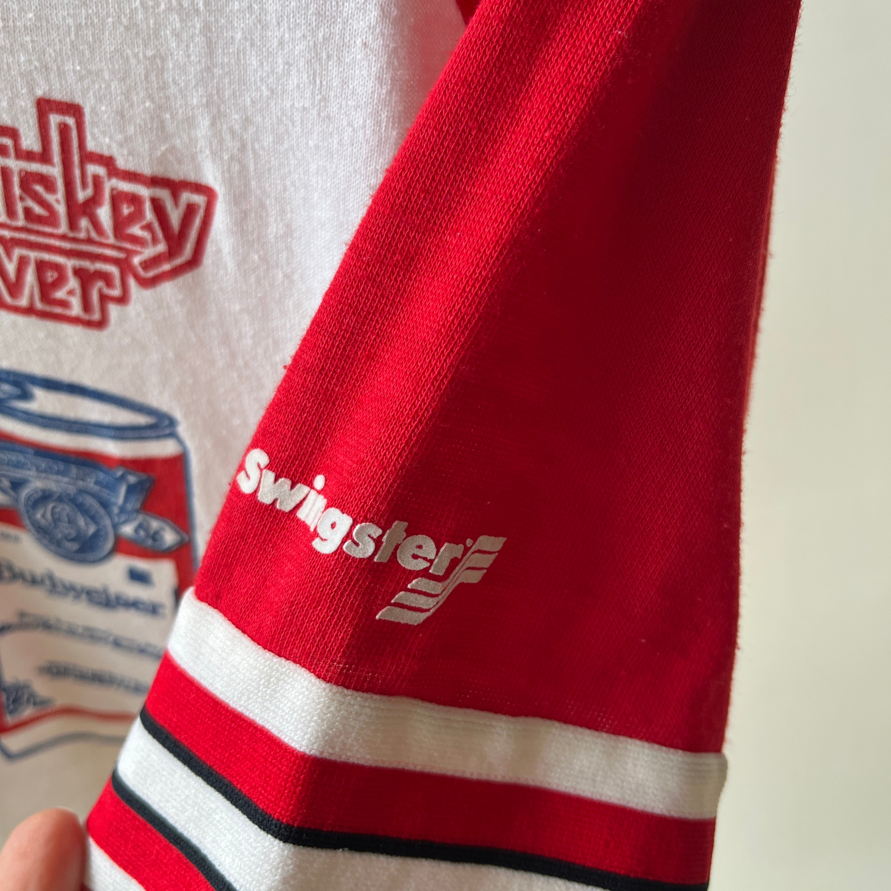 1985 - 1986 Whiskey River Bud Short Sleeve Two Tone Baseball T-Shirt - Staining and Wear