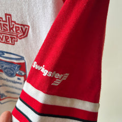 1985 - 1986 Whiskey River Bud Short Sleeve Two Tone Baseball T-Shirt - Staining and Wear