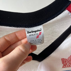 1985 - 1986 Whiskey River Bud Short Sleeve Two Tone Baseball T-Shirt - Staining and Wear