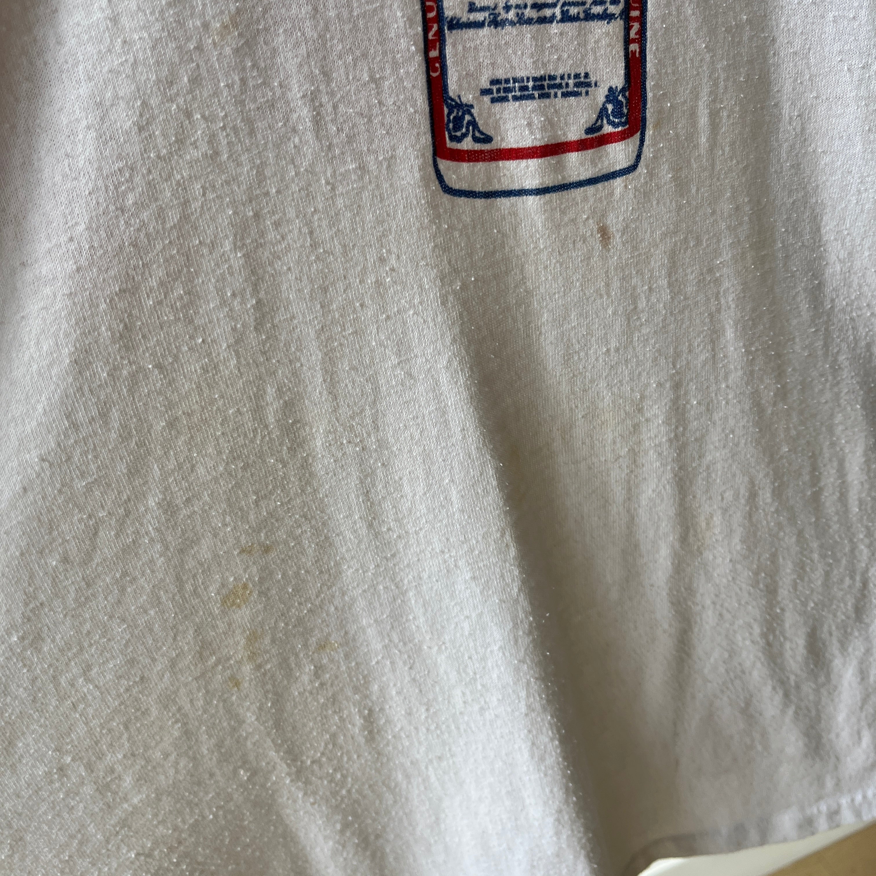 1985 - 1986 Whiskey River Bud Short Sleeve Two Tone Baseball T-Shirt - Staining and Wear