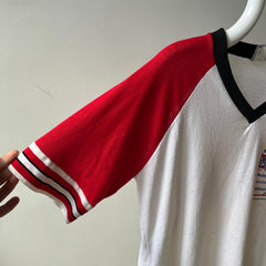 1985 - 1986 Whiskey River Bud Short Sleeve Two Tone Baseball T-Shirt - Staining and Wear