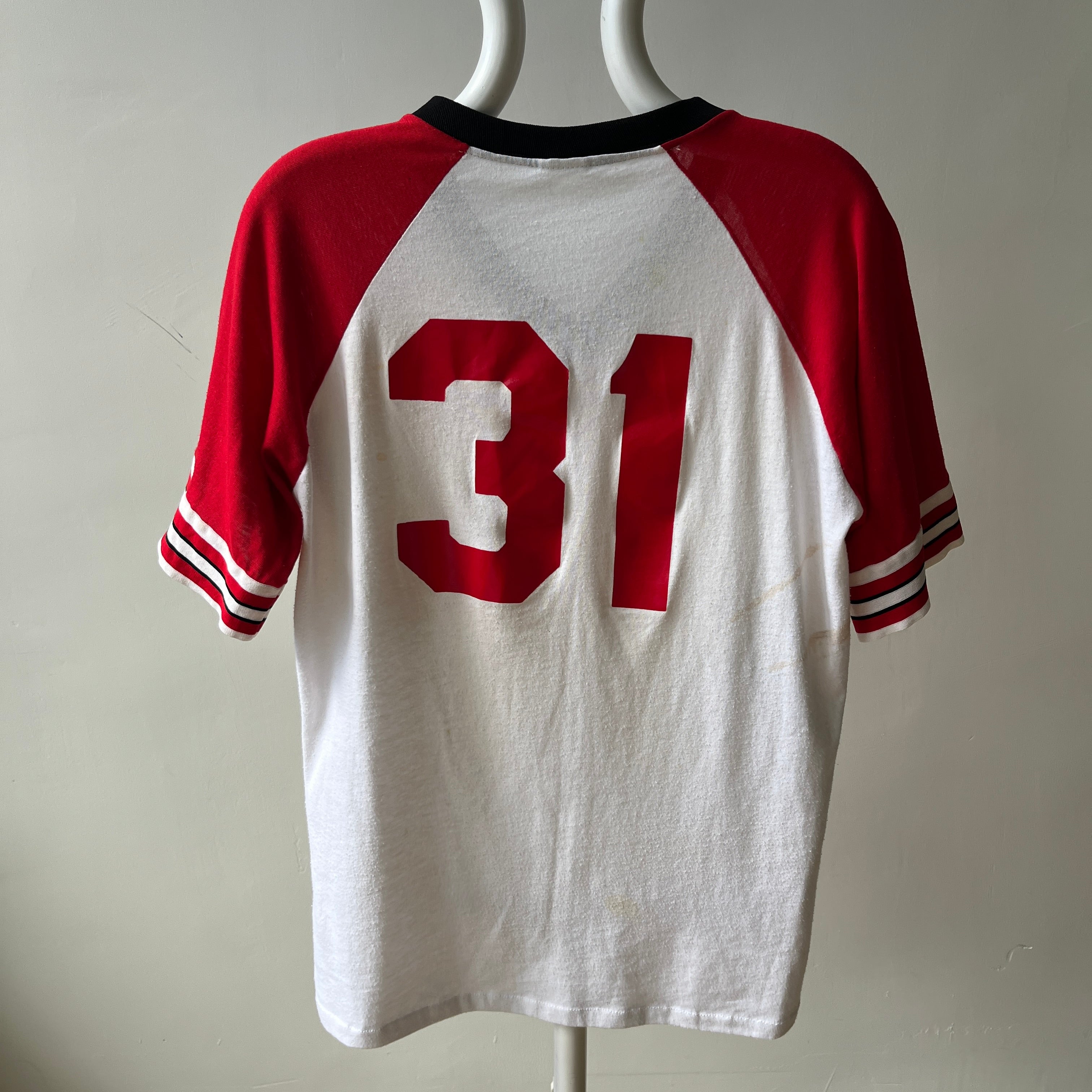 1985 - 1986 Whiskey River Bud Short Sleeve Two Tone Baseball T-Shirt - Staining and Wear