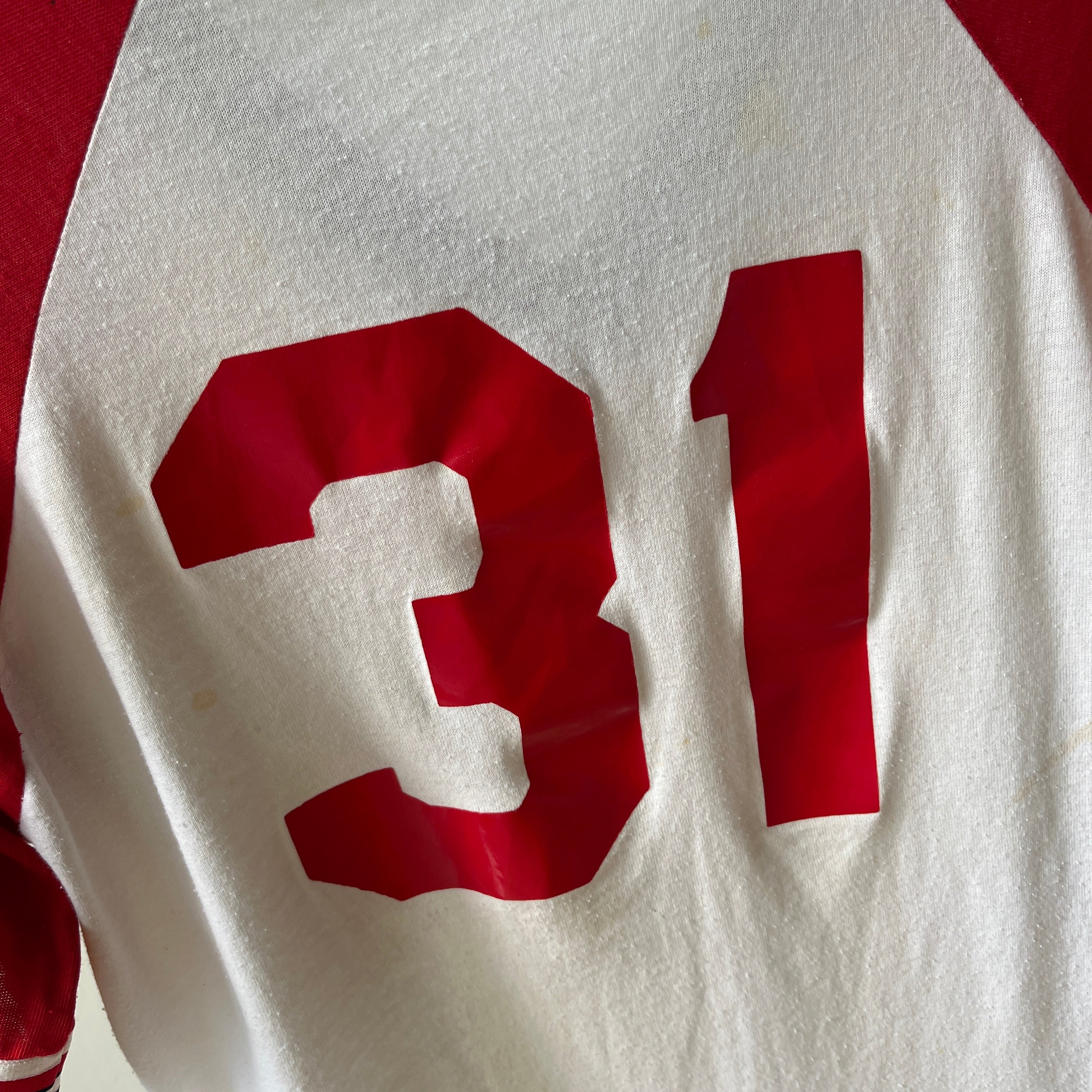 1985 - 1986 Whiskey River Bud Short Sleeve Two Tone Baseball T-Shirt - Staining and Wear