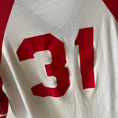 1985 - 1986 Whiskey River Bud Short Sleeve Two Tone Baseball T-Shirt - Staining and Wear