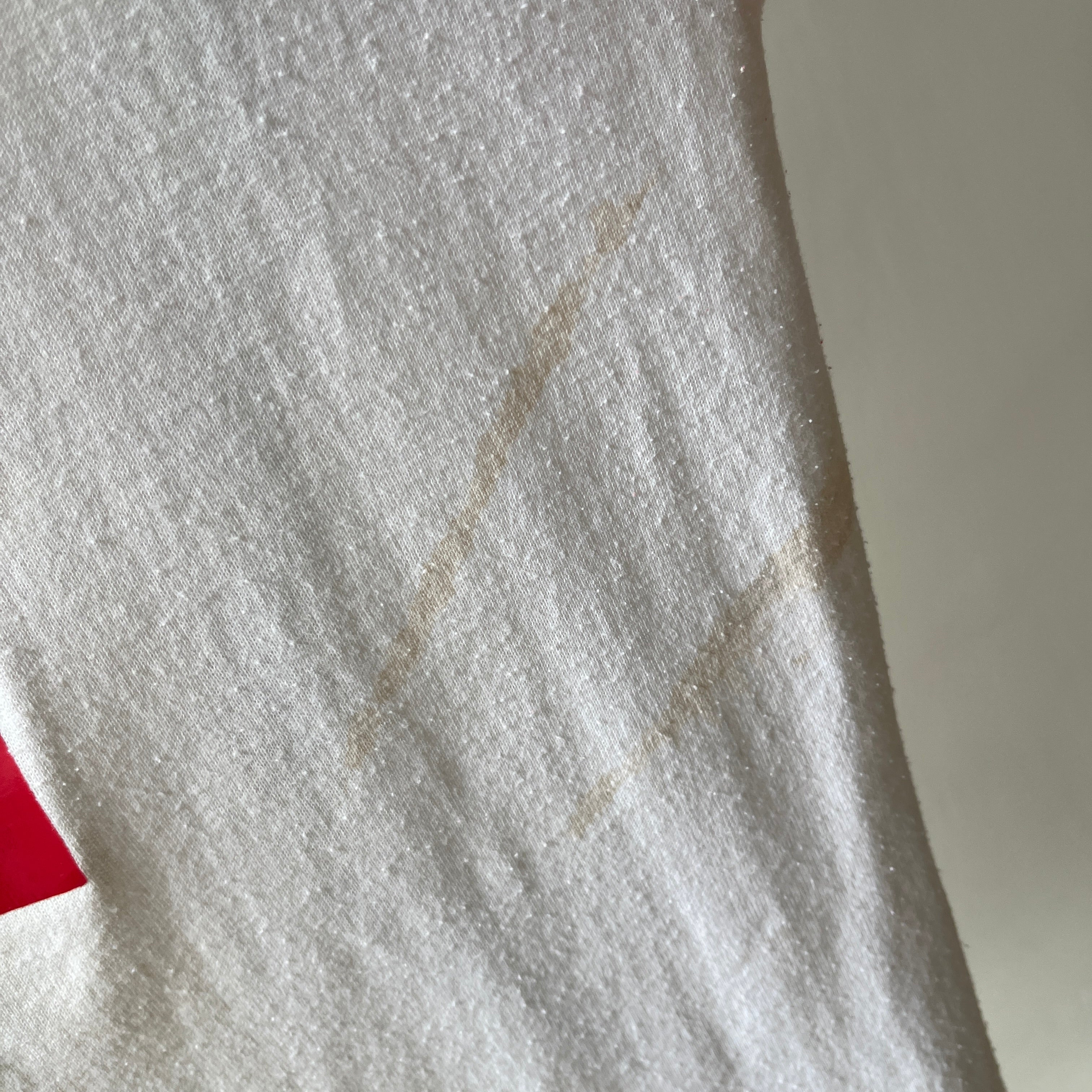 1985 - 1986 Whiskey River Bud Short Sleeve Two Tone Baseball T-Shirt - Staining and Wear