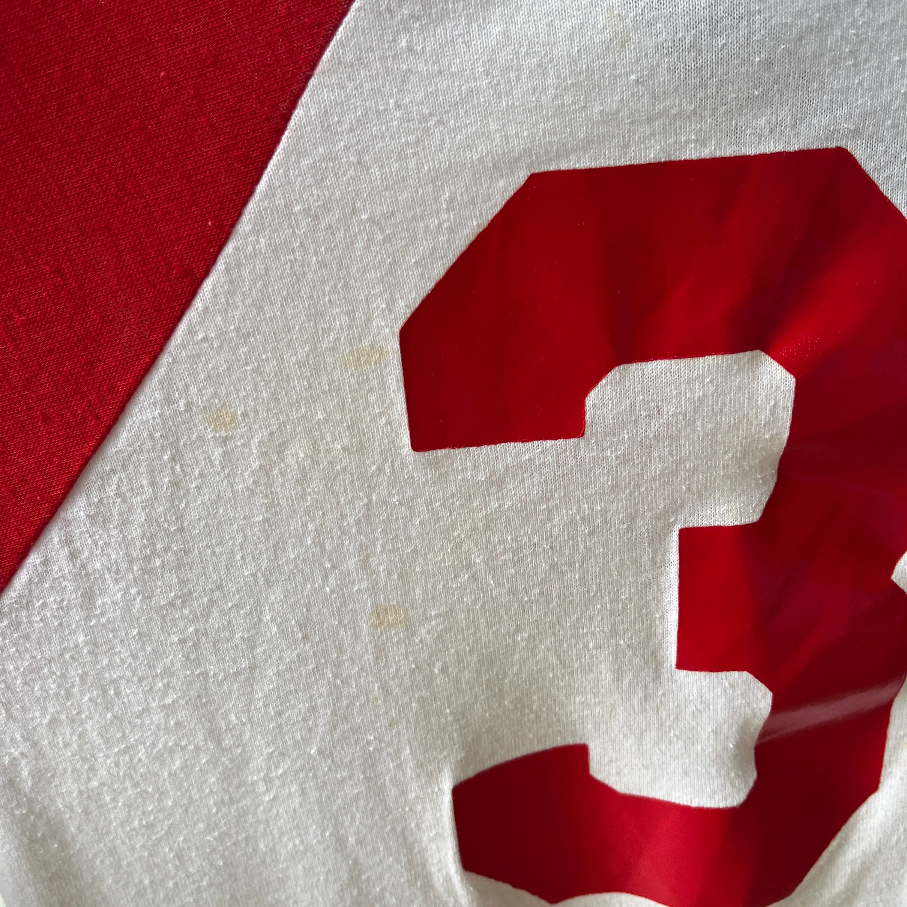 1985 - 1986 Whiskey River Bud Short Sleeve Two Tone Baseball T-Shirt - Staining and Wear