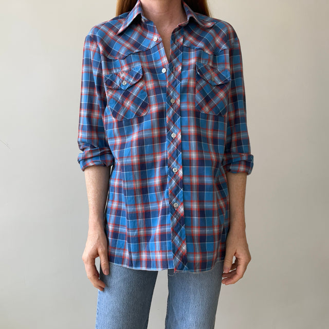 1970s Plaid Western Style Button Up