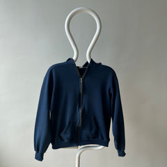 1970s Navy Hoodie with Contrast White Stitching and White Paint Staining - OH MY!