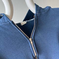 1970s Navy Hoodie with Contrast White Stitching and White Paint Staining - OH MY!