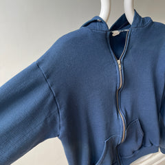 1970s Navy Hoodie with Contrast White Stitching and White Paint Staining - OH MY!
