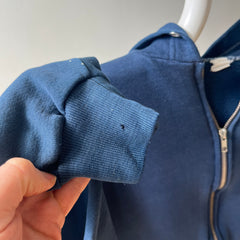 1970s Navy Hoodie with Contrast White Stitching and White Paint Staining - OH MY!