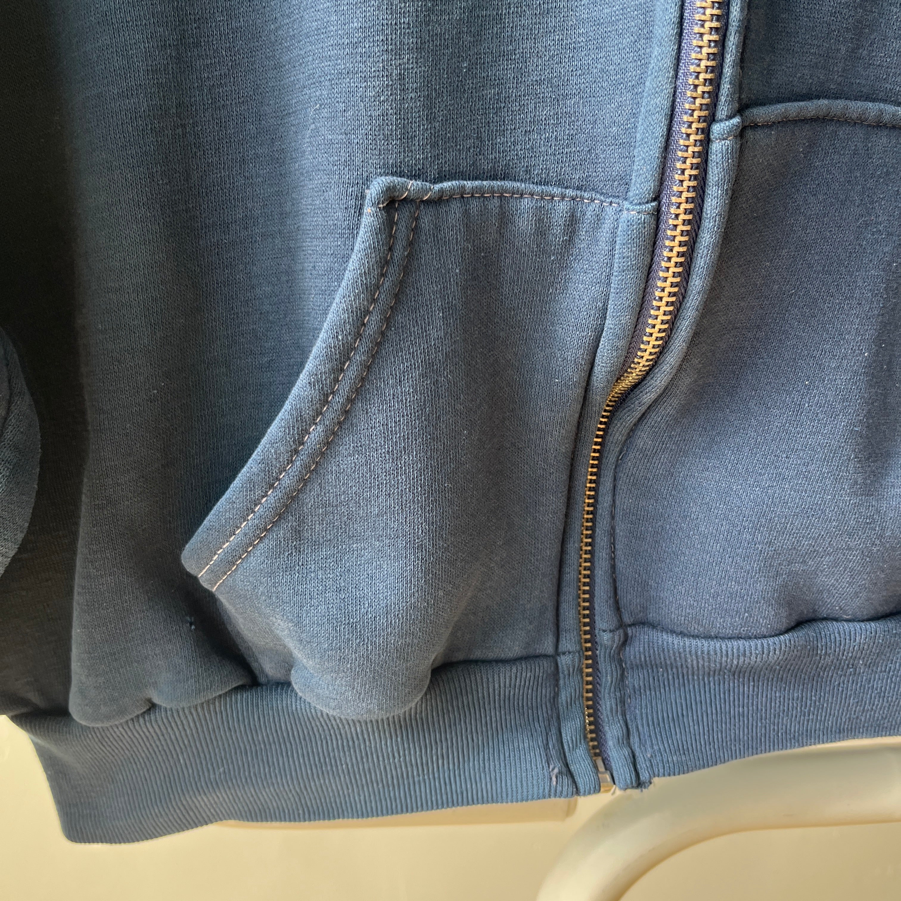 1970s Navy Hoodie with Contrast White Stitching and White Paint Staining - OH MY!