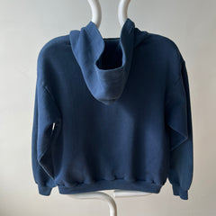 1970s Navy Hoodie with Contrast White Stitching and White Paint Staining - OH MY!