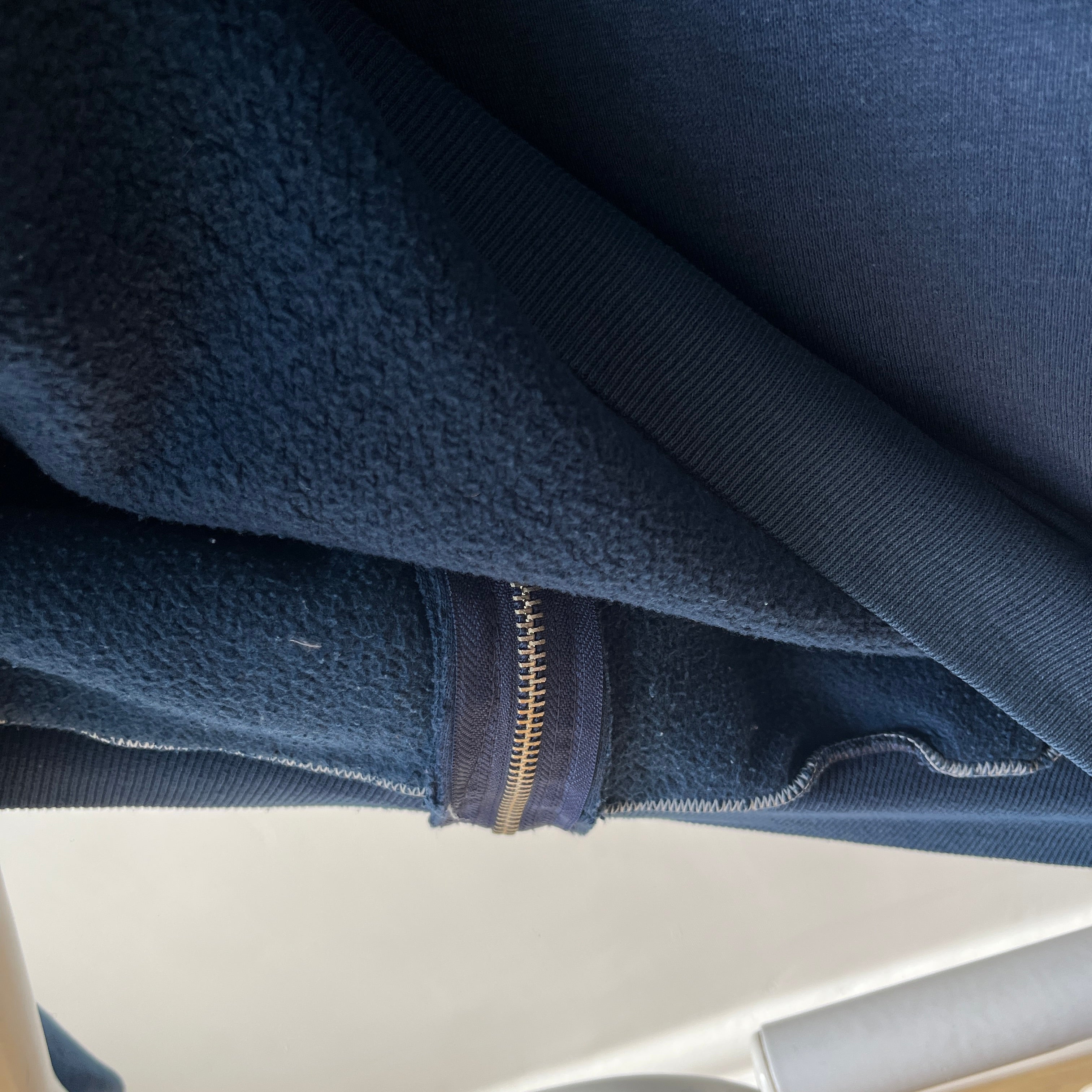 1970s Navy Hoodie with Contrast White Stitching and White Paint Staining - OH MY!