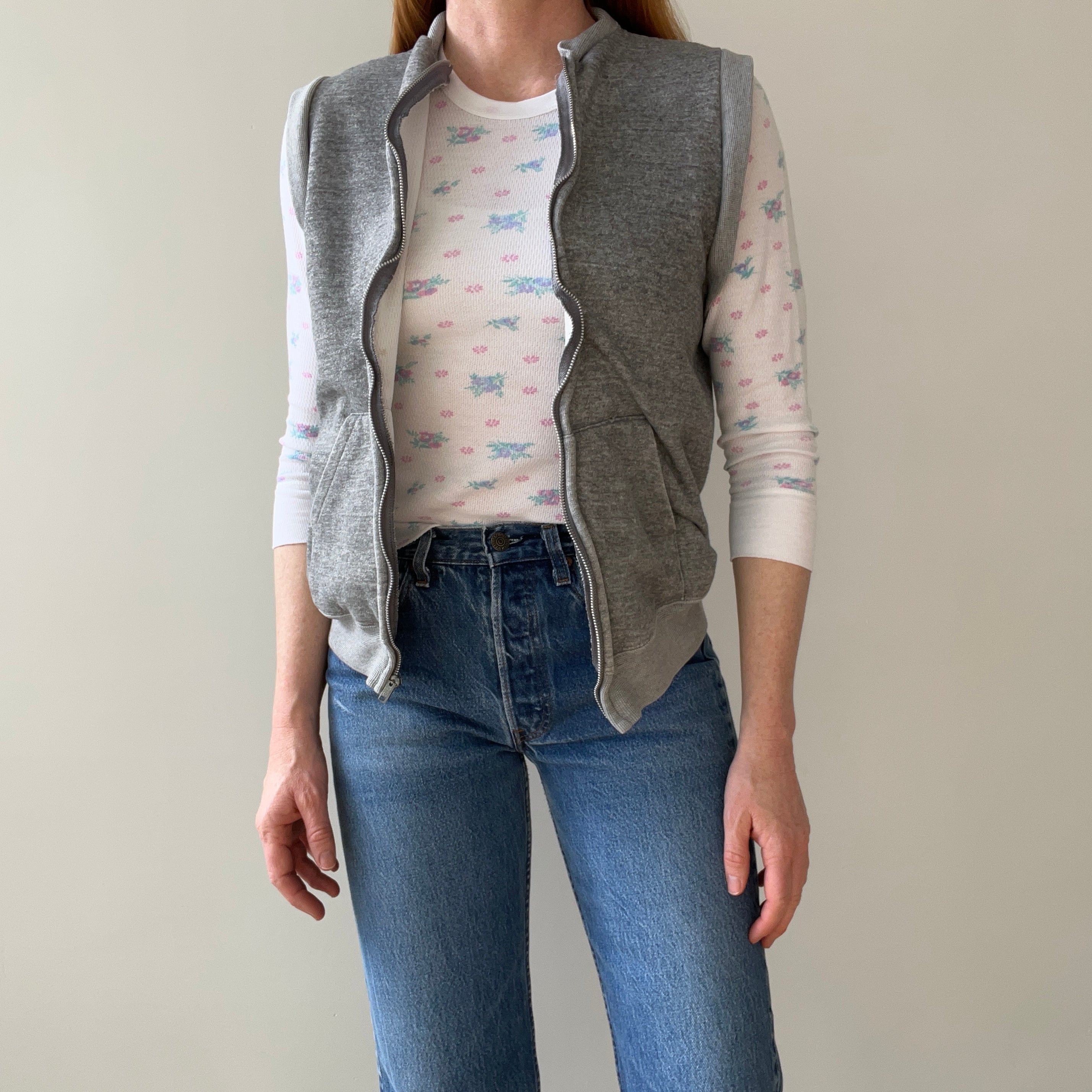1980s Gray Insulated Sweatshirt Vest - Zip Up
