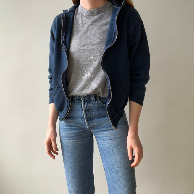 1970s Navy Hoodie with Contrast White Stitching and White Paint Staining - OH MY!