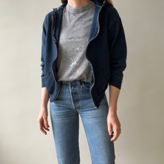 1970s Navy Hoodie with Contrast White Stitching and White Paint Staining - OH MY!