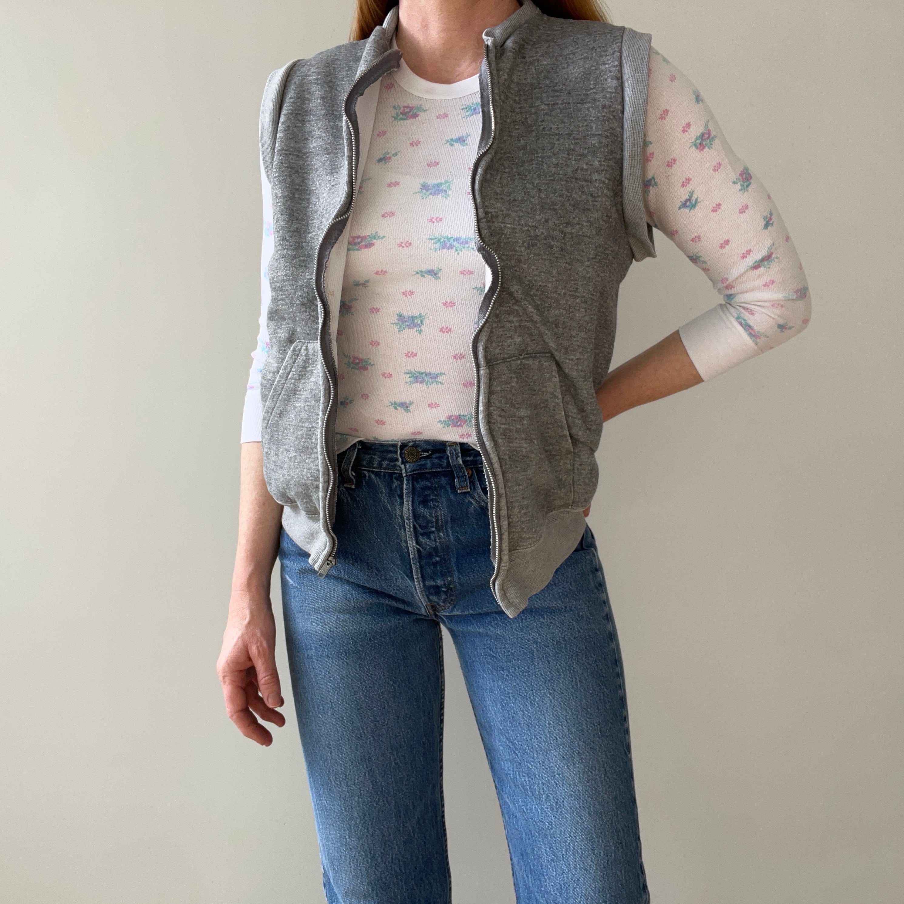 1980s Gray Insulated Sweatshirt Vest - Zip Up