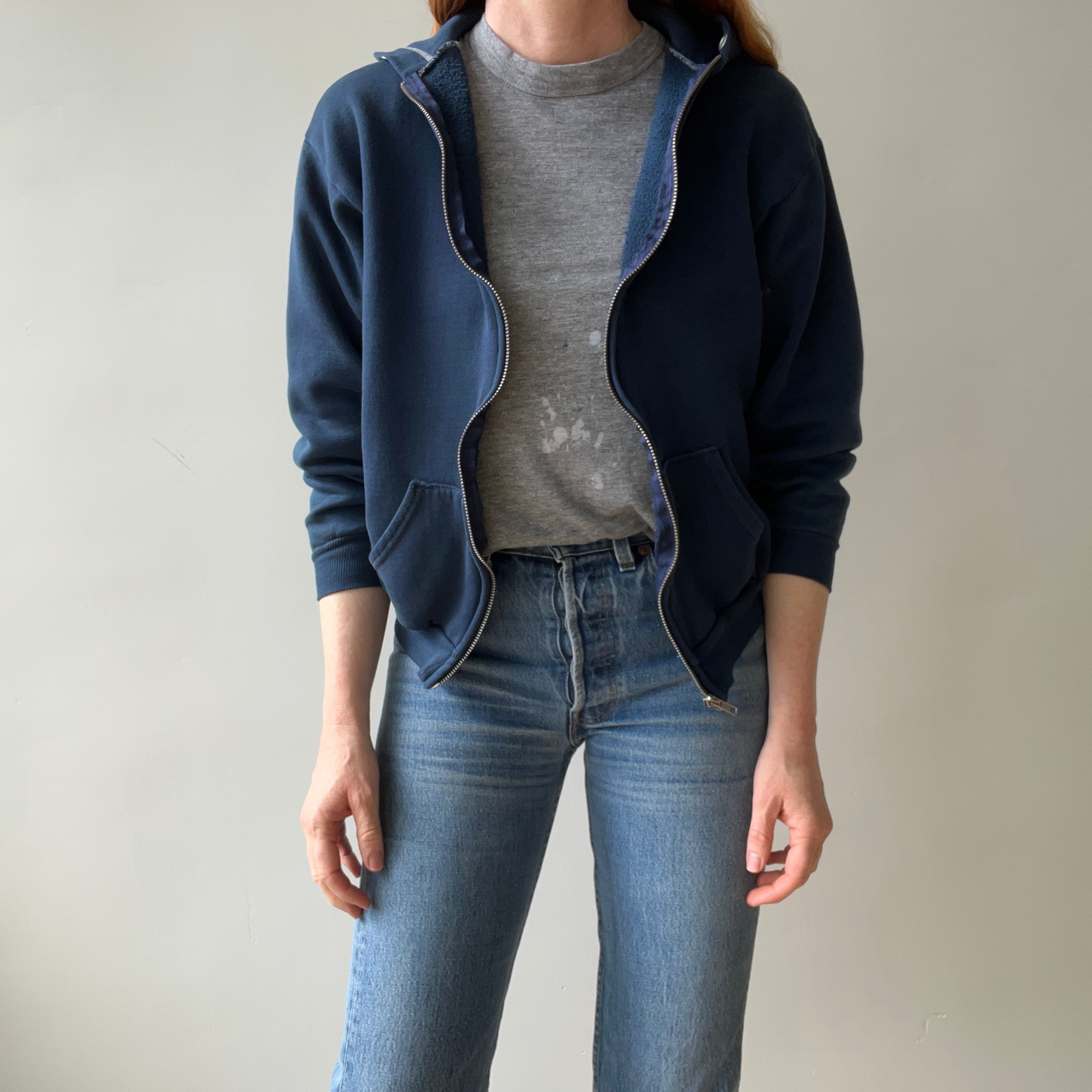1970s Navy Hoodie with Contrast White Stitching and White Paint Staining - OH MY!