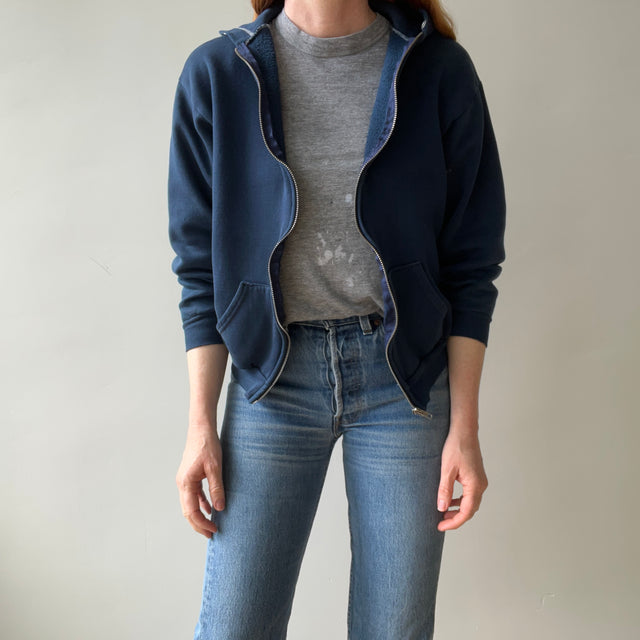 1970s Navy Hoodie with Contrast White Stitching and White Paint Staining - OH MY!