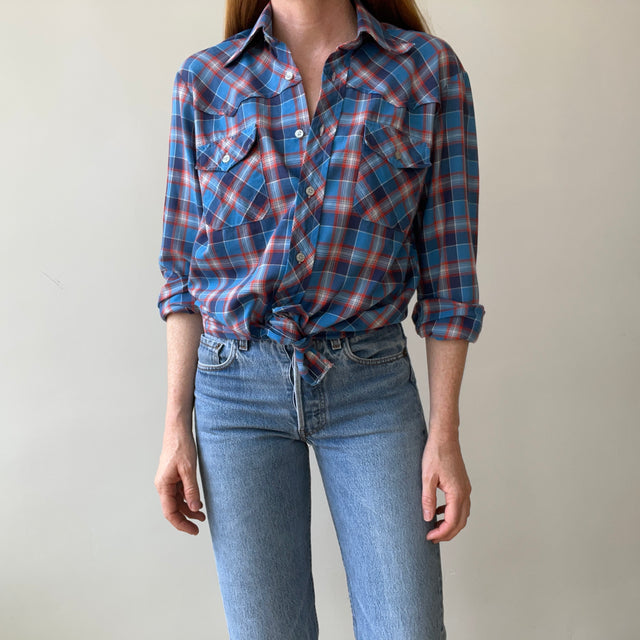 1970s Plaid Western Style Button Up