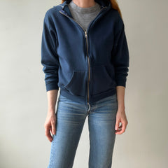 1970s Navy Hoodie with Contrast White Stitching and White Paint Staining - OH MY!