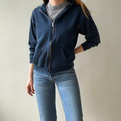 1970s Navy Hoodie with Contrast White Stitching and White Paint Staining - OH MY!