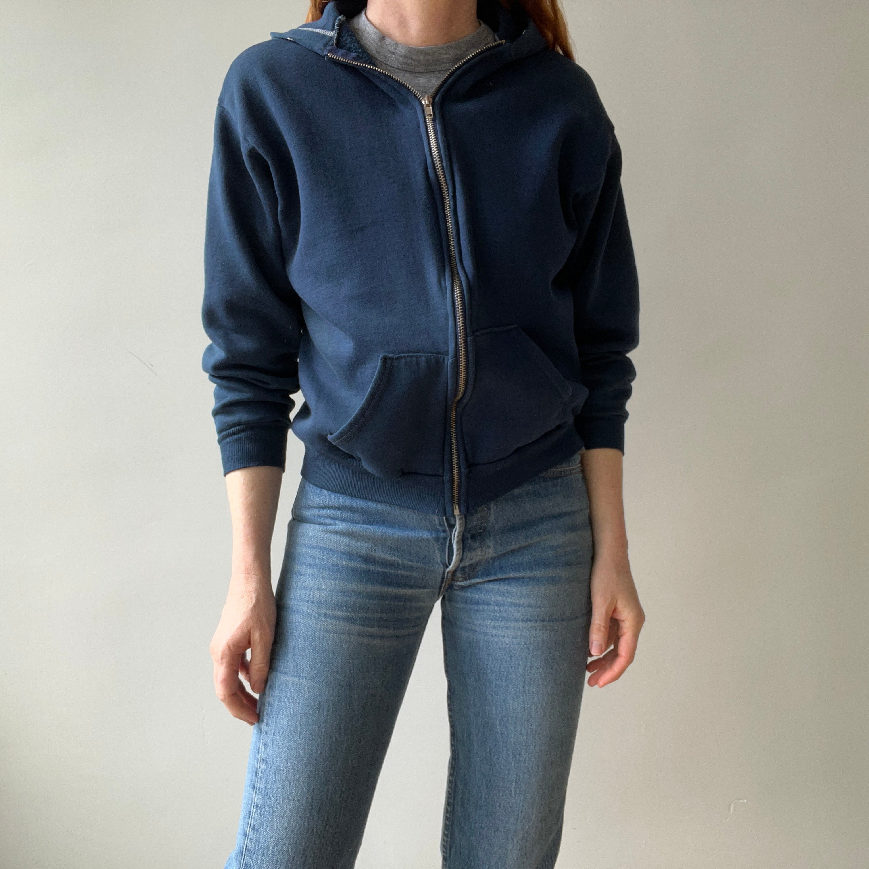 1970s Navy Hoodie with Contrast White Stitching and White Paint Staining - OH MY!