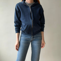 1970s Navy Hoodie with Contrast White Stitching and White Paint Staining - OH MY!
