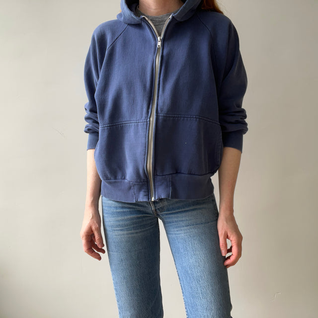 1970/80s Sun Faded Navy Hoodie - Replaced Zipper - Made in Romania - WOWOWOWOWOW