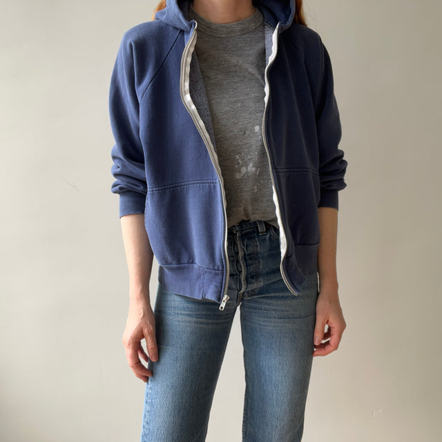 1970/80s Sun Faded Navy Hoodie - Replaced Zipper - Made in Romania - WOWOWOWOWOW