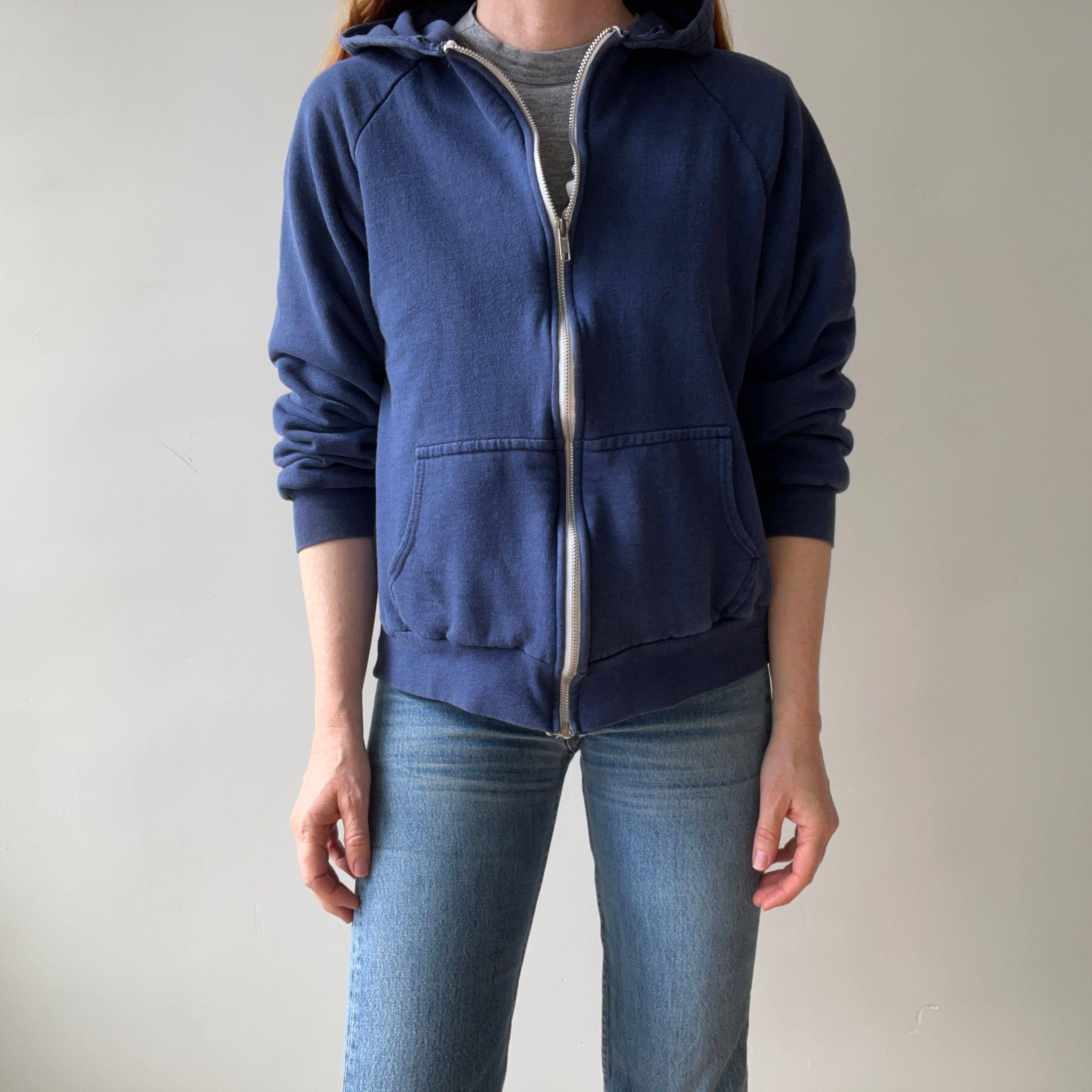 1970/80s Insulated Faded Navy Zip Up Hoodie - Made in Romania