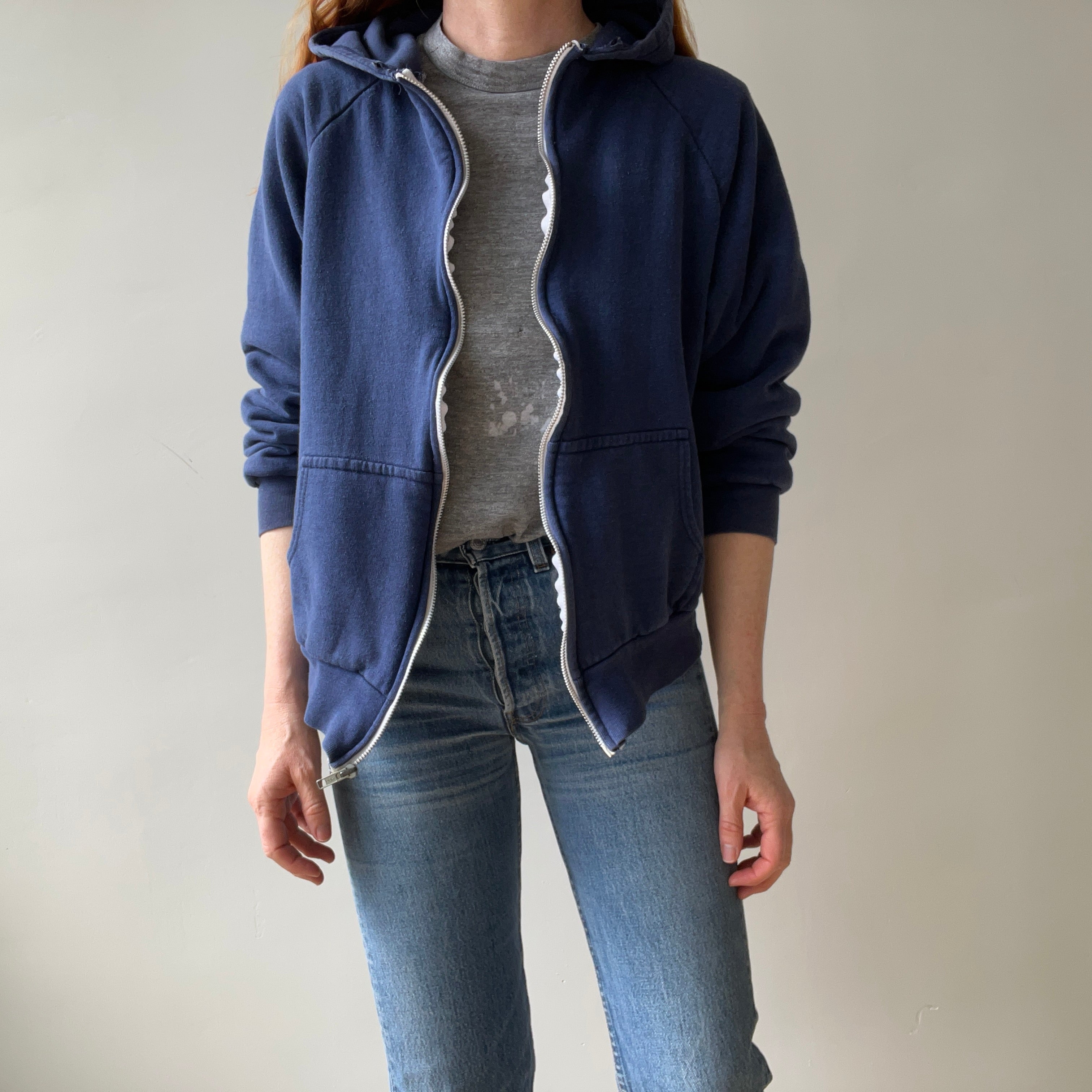 1970/80s Insulated Faded Navy Zip Up Hoodie - Made in Romania